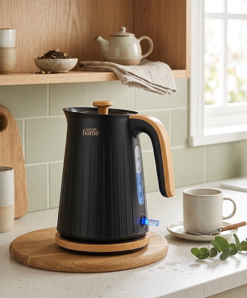 George Home Black Wood Textured Scandi Fast Boil Electric Kettle 1.7L