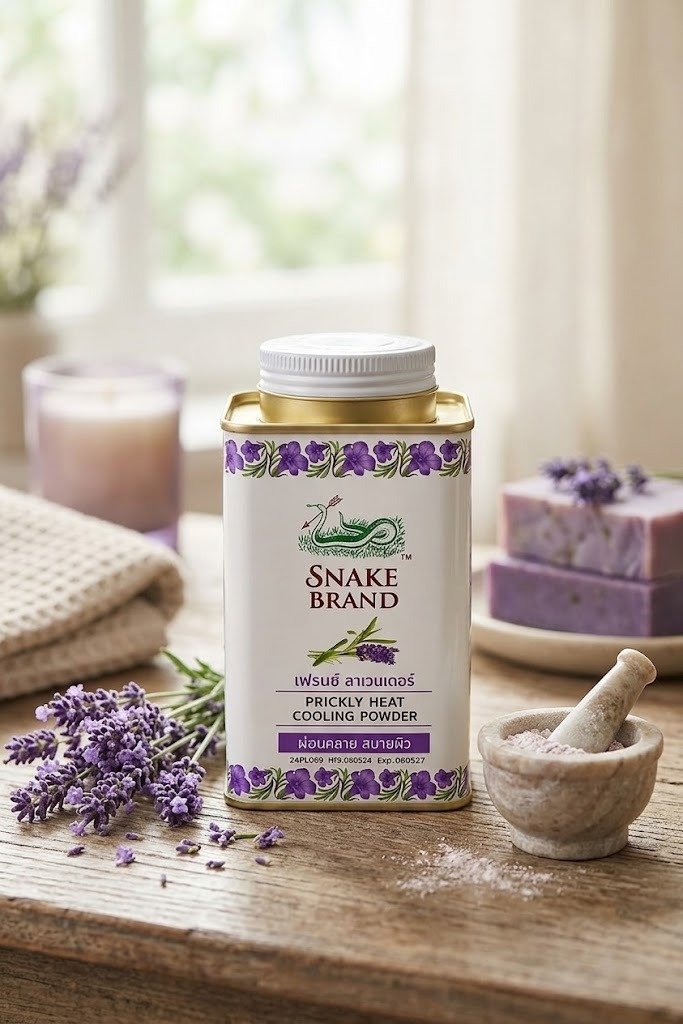 Snake Brand Prickly Heat Relaxing Cooling Powder with French Lavender