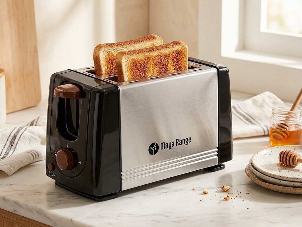 Maya Range Two-Slice Bread Toaster with a stainless steel and black finish