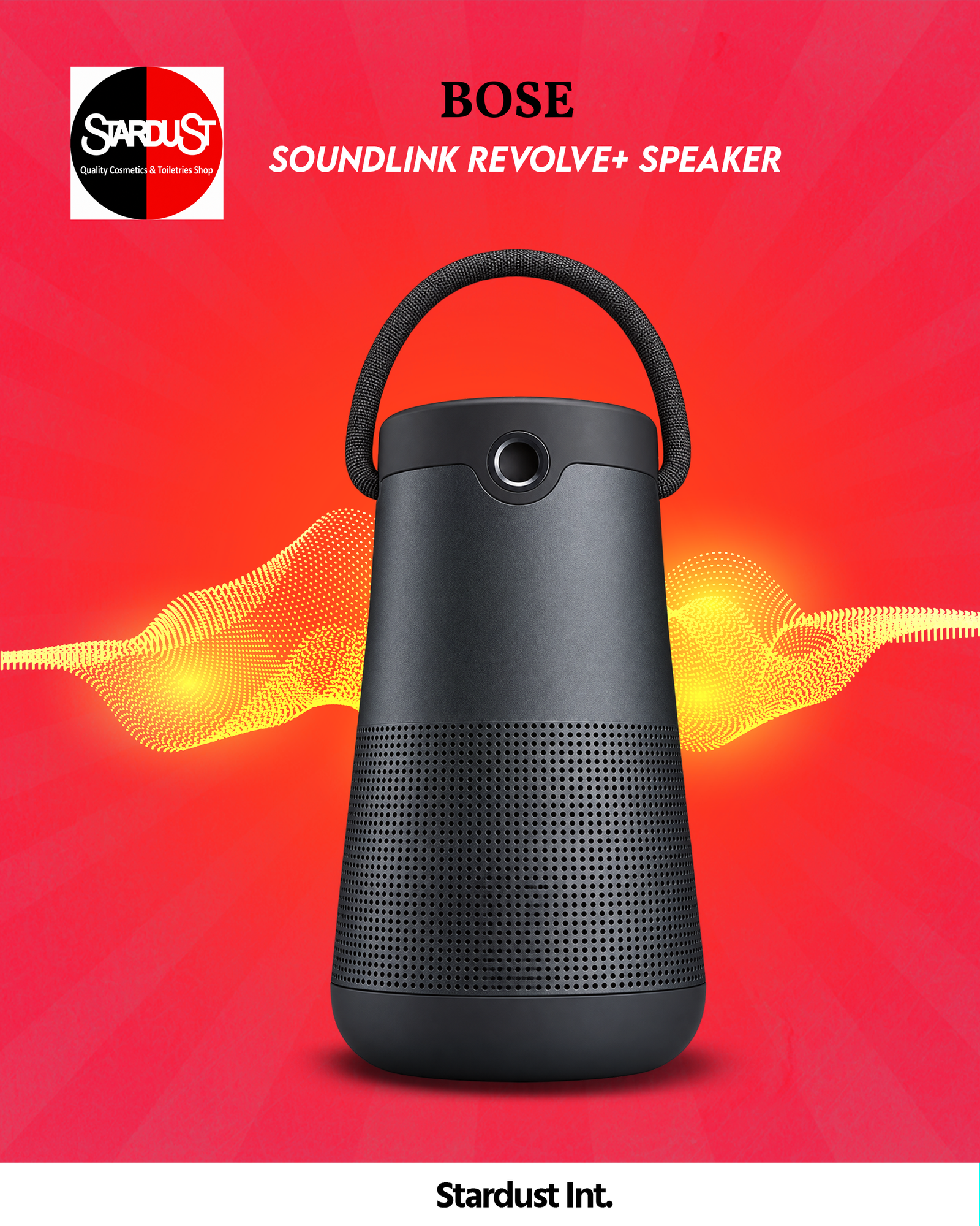Bose SoundLink Revolve+ Bluetooth Speaker in black, featuring a cylindrical design with a flexible fabric handle