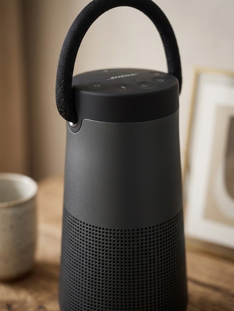 Bose SoundLink Revolve+ Bluetooth Speaker in black, featuring a cylindrical design with a flexible fabric handle